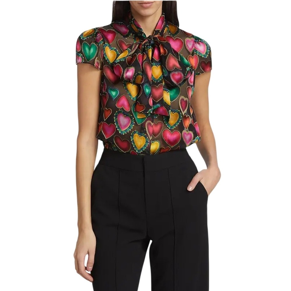 Alice + Olivia M Jeannie Heart Print Silk Tie Neck Blouse Romantic Sheer Unique